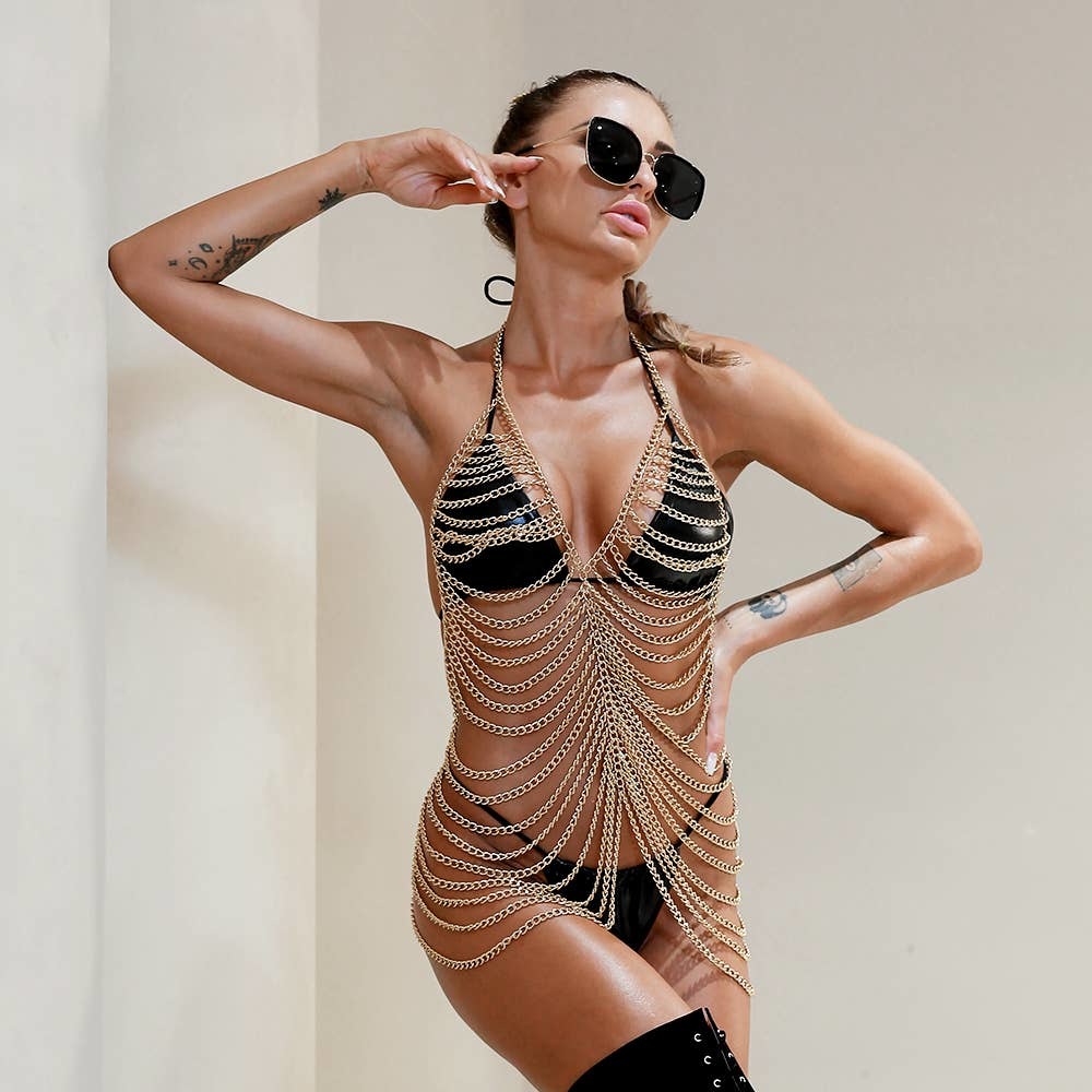 Sexy Top Halter Body Chain Jewelry Multi Layered Gold Statement Necklace
